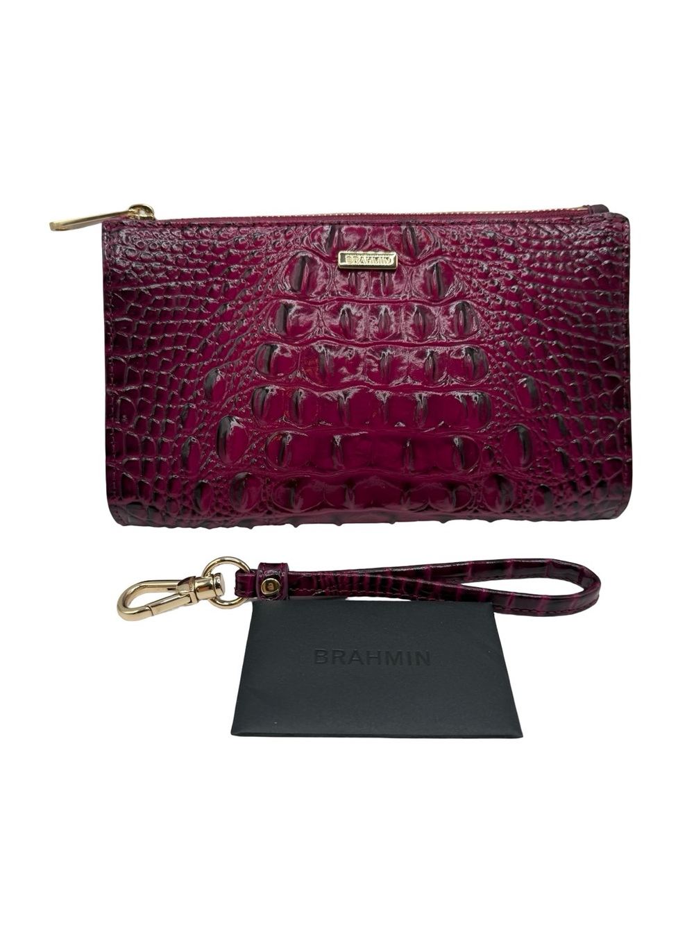 Brahmin Glossy Embossed Croc Wristlet in Deep Wine